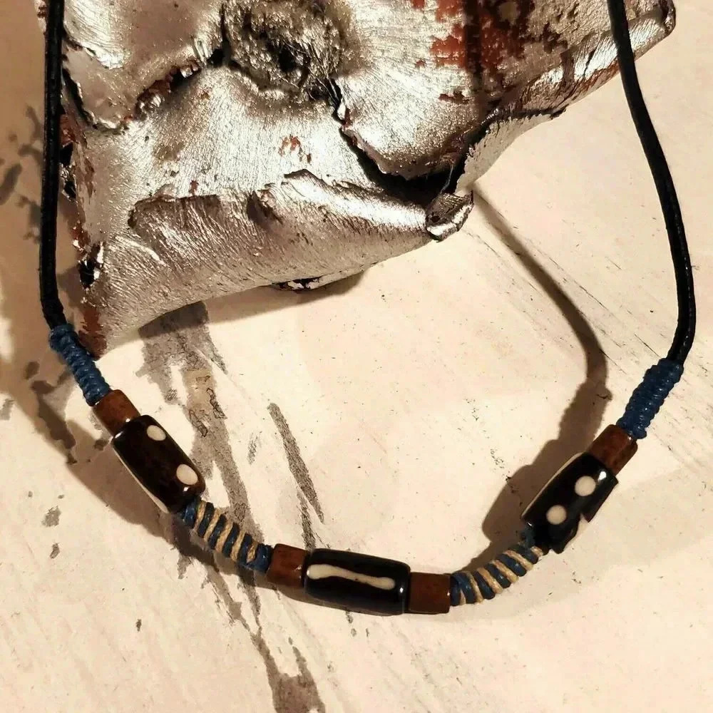 Handcrafted India Tribal Black Brown Cream Blue Yak Bone Leather Necklace